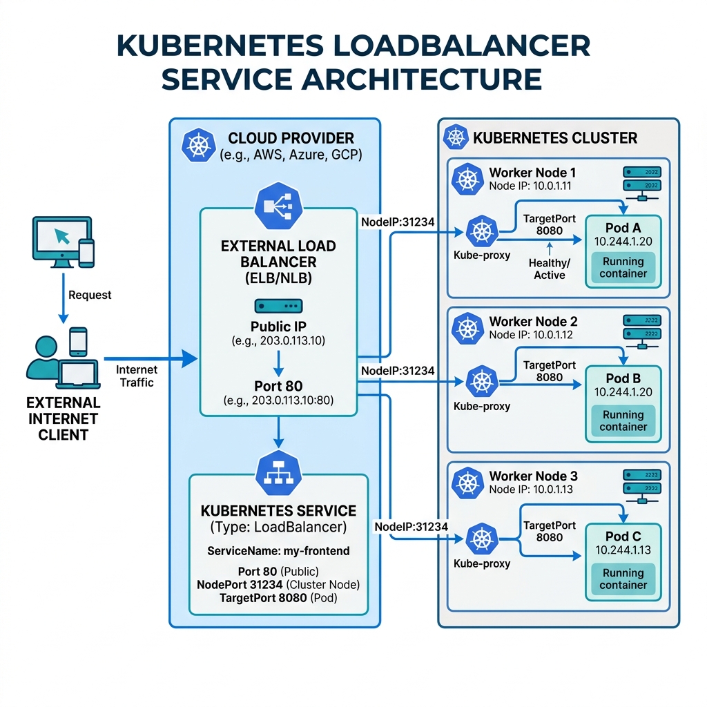 LoadBalancer Service Routing (Cloud LB -> NodePorts -> Pods)