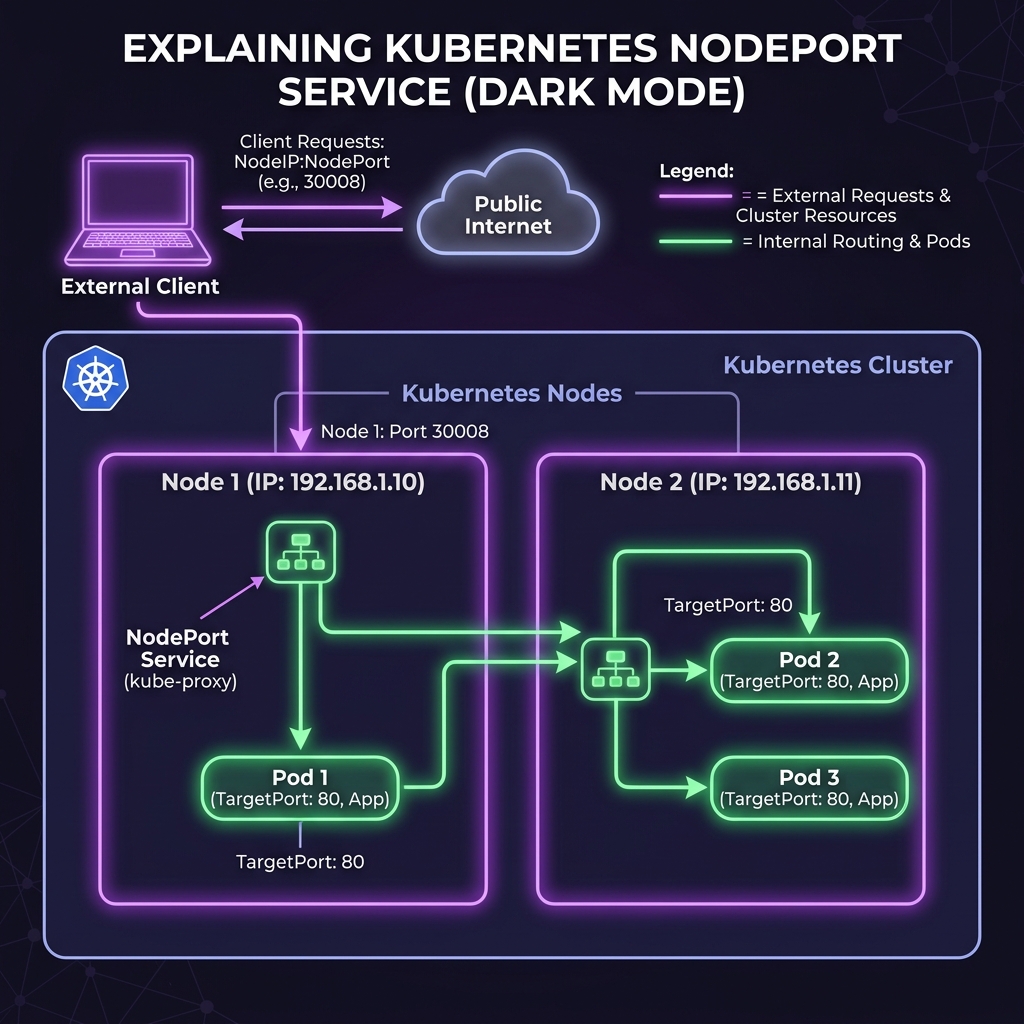 NodePort Service Routing (External Request -> NodeIP:NodePort -> Pod)